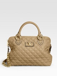 This refined ladylike design in soft quilted leather, features an oversized chain and leather strap and an iconic push-lock plaque at the front.Top handle, 5¼ drop Chain and leather shoulder strap, 12 drop Top zip closure One inside zip pocket One inside open pocket Cotton lining 14W X 10H X 6D Made in Italy
