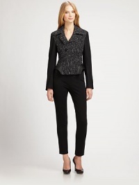 It's a classic tweed look with edgy-chic sculpted leather details for a fashion-forward silhouette.Notched collarLong sleevesAsymmetrical zipper closureSculpted-leather detail at hipsFully linedAbout 20 from shoulder to hemVirgin wool/nylonDry clean by leather specialistImported of Italian fabric Model shown is 5'10 (177cm) wearing US size 4. It's a classic tweed look with edgy-chic sculpted leather details for a fashion-forward silhouette.Notched collarLong sleevesAsymmetrical zipper closureSculpted-leather detail at hipsFully linedAbout 20 from shoulder to hemVirgin wool/nylonDry clean by leather specialistImported of Italian fabric Model shown is 5'10 (177cm) wearing US size 4.