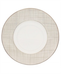 Dressed in a fine diamond grid of bronze and warm taupe, these saucers are from Noritake dinnerware. The dishes are tailored for formal dining and everyday elegance in bone china. Dressed in a fine diamond grid of bronze and warm taupe, these saucers are from Noritake dinnerware. The dishes are tailored for formal dining and everyday elegance in bone china.