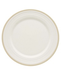 This charming porcelain dinner plate features a four-ringed border. Mix and match with other Tin Can Alley Khaki pieces from Lenox for a subtly varied table setting. This charming porcelain dinner plate features a four-ringed border. Mix and match with other Tin Can Alley Khaki pieces from Lenox for a subtly varied table setting.