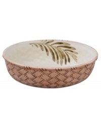 Serve up the flavor of the Caribbean with this versatile serving bowl from this collection of Gibson dinnerware and dishes. A large, hand-painted palm tree, and stripes of green and yellow accents make a fun, versatile addition to any summer soireé. Serve up the flavor of the Caribbean with this versatile serving bowl from this collection of Gibson dinnerware and dishes. A large, hand-painted palm tree, and stripes of green and yellow accents make a fun, versatile addition to any summer soireé.