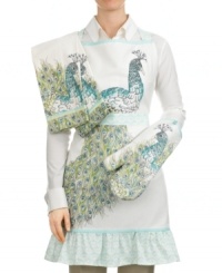 In fine feather, the Peacock apron layers glorious plumes, a beautiful bird and teal piping in pure cotton with a sweet, ruffled skirt. A must with Edie Rose by Rachel Bilson dinnerware and table linens. In fine feather, the Peacock apron layers glorious plumes, a beautiful bird and teal piping in pure cotton with a sweet, ruffled skirt. A must with Edie Rose by Rachel Bilson dinnerware and table linens.