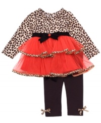 Your little kitten will go wild for this fun cheetah print tunic with attached tutu skirt and matching leggings by Rare Essentials. Your little kitten will go wild for this fun cheetah print tunic with attached tutu skirt and matching leggings by Rare Essentials.