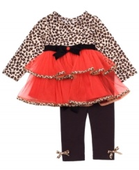 Your little kitten will go wild for this fun cheetah print tunic with attached tutu skirt and matching leggings by Rare Essentials.