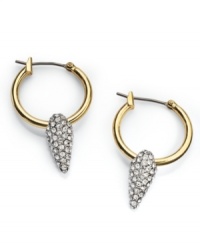 Points well taken. Juicy Couture's hoop earrings are crafted from gold-tone brass with clear rhinestone spikes to give them a little bit of an edge. Approximate diameter: 1-1/4 inches. Approximate drop: 1/2 inches. Points well taken. Juicy Couture's hoop earrings are crafted from gold-tone brass with clear rhinestone spikes to give them a little bit of an edge. Approximate diameter: 1-1/4 inches. Approximate drop: 1/2 inches.