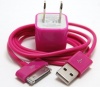 CablesFrLess (TM) Hot Pink 3ft USB Charging / Data Sync Cable + USB AC Wall Adapter fits iPhone 4s iPhone 4 iPhone 3GS iPhone 3G