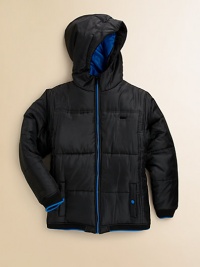 This ultra-soft, ultra-toasty quilted puffer will keep your little man safe from the elements with attached hood and ribbed cuffs and hem.Attached hoodLong sleevesFull-zip frontFront snap beasom pocketsTipped rib-knit cuffs and hemFully linedPolyester failleMachine washImported This ultra-soft, ultra-toasty quilted puffer will keep your little man safe from the elements with attached hood and ribbed cuffs and hem.Attached hoodLong sleevesFull-zip frontFront snap beasom pocketsTipped rib-knit cuffs and hemFully linedPolyester failleMachine washImported