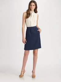 Feminine in every way, a fitted bodice meets a flared skirt with a timeless twist front and convenient slash pockets. Twist-front, ruched neckSleevelessFlattering gathered waist detailsConcealed back zipperBack seamFully linedAbout 37 from shoulder to hem70% viscose/15% silk/14% acrylic/1% elastaneDry cleanImported Model shown is 5'10 (177cm) wearing US size 4. Feminine in every way, a fitted bodice meets a flared skirt with a timeless twist front and convenient slash pockets. Twist-front, ruched neckSleevelessFlattering gathered waist detailsConcealed back zipperBack seamFully linedAbout 37 from shoulder to hem70% viscose/15% silk/14% acrylic/1% elastaneDry cleanImported Model shown is 5'10 (177cm) wearing US size 4.