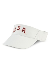 An adjustable cotton twill visor celebrates Team USA's participation in the 2012 Olympic Games with bold country embroidery at the front. An adjustable cotton twill visor celebrates Team USA's participation in the 2012 Olympic Games with bold country embroidery at the front.