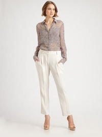 Pleated front and a relaxed fit add to the soft silhouette of this fluid style.Tab closureZip flyPleated frontSlash pocketsBack besom pocketsFully linedInseam, 30PolyesterDry cleanMade in USA of imported fabricModel shown is 5'10 (177cm) wearing US size 2. Pleated front and a relaxed fit add to the soft silhouette of this fluid style.Tab closureZip flyPleated frontSlash pocketsBack besom pocketsFully linedInseam, 30PolyesterDry cleanMade in USA of imported fabricModel shown is 5'10 (177cm) wearing US size 2.