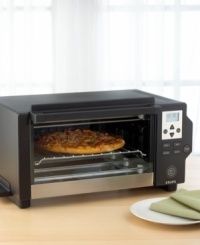 It's not just a toaster - it's bakes and broils, too! A handsome unit constructed of highly polished stainless steel, this spacious toaster oven uses convection to circulate heated air around food for fast, more even cooking. In fact, two sets of three quartz heating-elements - a total output of 1600 watts - cook food up to 30% faster. An easy-to-read digital LCD display is a breeze to use. The unique crumb tray and nonstick interior surface make cleanup a pleasure. One-year warranty. It's not just a toaster - it's bakes and broils, too! A handsome unit constructed of highly polished stainless steel, this spacious toaster oven uses convection to circulate heated air around food for fast, more even cooking. In fact, two sets of three quartz heating-elements - a total output of 1600 watts - cook food up to 30% faster. An easy-to-read digital LCD display is a breeze to use. The unique crumb tray and nonstick interior surface make cleanup a pleasure. One-year warranty.