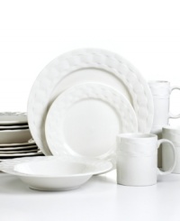 A gift to casual dining, the Ribbon dinnerware set is all wrapped up with a woven edge in white stoneware that's decidedly graceful but durable enough for everyday use. From Pfaltzgraff. A gift to casual dining, the Ribbon dinnerware set is all wrapped up with a woven edge in white stoneware that's decidedly graceful but durable enough for everyday use. From Pfaltzgraff.