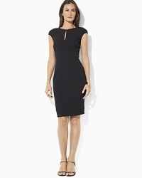 A wardrobe staple, this chic cap-sleeved dress is crafted in elegant crepe and accented with a flattering keyhole detail at the neckline. A wardrobe staple, this chic cap-sleeved dress is crafted in elegant crepe and accented with a flattering keyhole detail at the neckline.