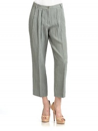 THE LOOKNarrow waistband with belt loops, button closure & interior button tabFront zipperPleated frontSide pocketsBack button patch pocketTHE FITRise, about 10Inseam, about 26THE MATERIAL52% wool/36% silk/12% acrylicCARE & ORIGINDry cleanMade in Italy THE LOOKNarrow waistband with belt loops, button closure & interior button tabFront zipperPleated frontSide pocketsBack button patch pocketTHE FITRise, about 10Inseam, about 26THE MATERIAL52% wool/36% silk/12% acrylicCARE & ORIGINDry cleanMade in Italy