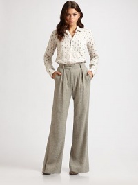 Comfy-cozy essential has front pleating and convenient slash pockets. Zip fly Slash pockets Pleated front Inseam, about 34 39% wool/34% linen/23% silk/4% nylon Dry clean Made in USA of imported fabric Comfy-cozy essential has front pleating and convenient slash pockets. Zip fly Slash pockets Pleated front Inseam, about 34 39% wool/34% linen/23% silk/4% nylon Dry clean Made in USA of imported fabric