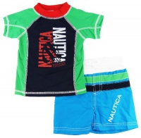Nautica Boys sizes 4-7 Green/Blue Print Rashguard Swim Top/Shorts 2 Pc Set Nautica Boys sizes 4-7 Green/Blue Print Rashguard Swim Top/Shorts 2 Pc Set