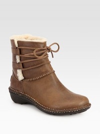 Long laces wrap-around this smooth leather boot, fully lined with genuine shearling for superior comfort. Rubber heel, 1½ (40mm)Rubber platform, ½ (15mm)Compares to a 1 heel (25mm)Shaft, 5¾Leg circumference, 12Leather upper with shearling trimShearling liningRubber solePadded insoleImported Long laces wrap-around this smooth leather boot, fully lined with genuine shearling for superior comfort. Rubber heel, 1½ (40mm)Rubber platform, ½ (15mm)Compares to a 1 heel (25mm)Shaft, 5¾Leg circumference, 12Leather upper with shearling trimShearling liningRubber solePadded insoleImported