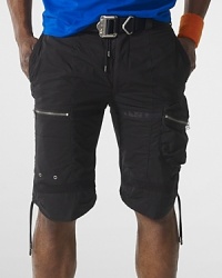 Metal zippers and grommets give a modern moto-inspired look to an essential cargo short in lightweight cotton poplin. Metal zippers and grommets give a modern moto-inspired look to an essential cargo short in lightweight cotton poplin.