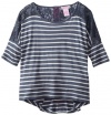 Design History Girls 7-16 Stripe Top with Lace Back, Anchor Gray/Winter White, Large