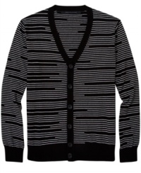 This contemporary striped cardigan by Sean John will have you looking sharp this season. This contemporary striped cardigan by Sean John will have you looking sharp this season.