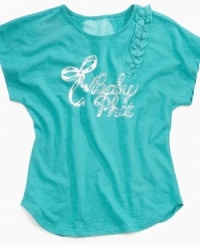 Add some glamorous couture to her look with this tee from Baby Phat, featuring ruffle detail on one shoulder to give it a chic touch. (Clearance) Add some glamorous couture to her look with this tee from Baby Phat, featuring ruffle detail on one shoulder to give it a chic touch. (Clearance)