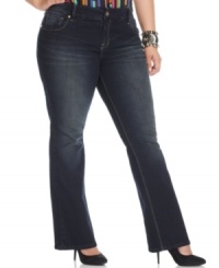 Team up the season's hottest tops with Baby Phat's bootcut plus size jeans, featuring a sleek dark wash. Team up the season's hottest tops with Baby Phat's bootcut plus size jeans, featuring a sleek dark wash.