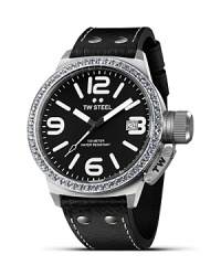 Accented with 56 white Swarovski crystals, TW Steel's 3-hand dial Canteen watch lends a bold look in stainless steel with a stitched leather strap. Accented with 56 white Swarovski crystals, TW Steel's 3-hand dial Canteen watch lends a bold look in stainless steel with a stitched leather strap.
