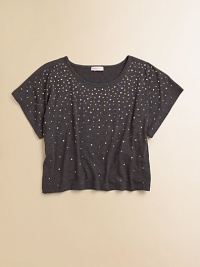 Reminiscent of a starry night, this sequin-embellished crop top is out of this world.ScoopneckShort sleevesPullover styleCropped hem95% viscose/5% spandexHand washImported Reminiscent of a starry night, this sequin-embellished crop top is out of this world.ScoopneckShort sleevesPullover styleCropped hem95% viscose/5% spandexHand washImported