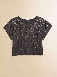 Reminiscent of a starry night, this sequin-embellished crop top is out of this world.ScoopneckShort sleevesPullover styleCropped hem95% viscose/5% spandexHand washImported