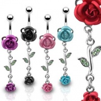 SBJ-0001 Stainless Steel Navel Ring w/ Metal Rose & Rose Dangle; Comes With Free Gift Box SBJ-0001 Stainless Steel Navel Ring w/ Metal Rose & Rose Dangle; Comes With Free Gift Box