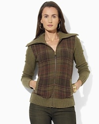 Knit in cozy lambswool, a full-zip cardigan is finished with a muted plaid pattern at the front and chunky knit funnel neckline for style and warmth. Knit in cozy lambswool, a full-zip cardigan is finished with a muted plaid pattern at the front and chunky knit funnel neckline for style and warmth.