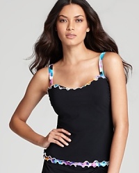 Ruffled pops of color define Gottex's popular, not-so-basic black tankini top, in a look that is both fun and figure-flattering. Pair it with the coordinating swim skirt or a host of other options. Ruffled pops of color define Gottex's popular, not-so-basic black tankini top, in a look that is both fun and figure-flattering. Pair it with the coordinating swim skirt or a host of other options.