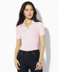 Rendered for a classic, feminine fit in smooth cotton jersey, this iconic Lauren by Ralph Lauren polo is finished with gleaming golden metal buttons for a glamorous touch. Rendered for a classic, feminine fit in smooth cotton jersey, this iconic Lauren by Ralph Lauren polo is finished with gleaming golden metal buttons for a glamorous touch.