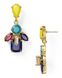 Gold plate surrounds a color-saturated cluster of glass and resin stones on a pair of delicate drop earrings by kate spade new york. Gold plate surrounds a color-saturated cluster of glass and resin stones on a pair of delicate drop earrings by kate spade new york.