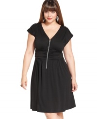 Zip up a hot look with Love Squared's short sleeve plus size dress, accentuated by a ruched empire waist. Zip up a hot look with Love Squared's short sleeve plus size dress, accentuated by a ruched empire waist.