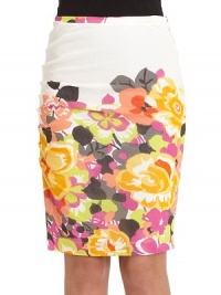 THE LOOKFloral printThin banded waistRuched side with vented side hemPencil silhouetteSide zip closureTHE FITAbout 24 longTHE MATERIAL95% cotton/5% spandexFully linedCARE & ORIGINDry cleanImportedModel shown is 5'9 (175cm) wearing US size 4. THE LOOKFloral printThin banded waistRuched side with vented side hemPencil silhouetteSide zip closureTHE FITAbout 24 longTHE MATERIAL95% cotton/5% spandexFully linedCARE & ORIGINDry cleanImportedModel shown is 5'9 (175cm) wearing US size 4.