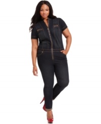 Lace-up your look with Baby Phat's denim plus size jumpsuit! Lace-up your look with Baby Phat's denim plus size jumpsuit!