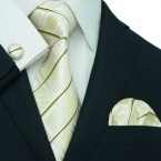 Landisun 39E Ivory Plaids & Checks Mens Silk Tie Set: Tie+Hanky+Cufflinks