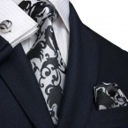 Landisun 91F Black Silver Paisleys Mens Silk Tie Set: Tie+Hanky+Cufflinks