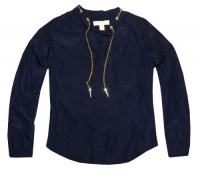 MICHAEL Michael Kors Women Chain-Neck Button Down Long Sleeve Logo Blouse (XS, Navy) MICHAEL Michael Kors Women Chain-Neck Button Down Long Sleeve Logo Blouse (XS, Navy)