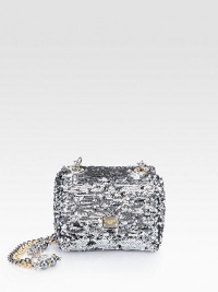 A beautiful evening essential crafted in Italy of light-catching sequins. Leather wrislet, 8½ dropTop zip closureOne inside zip pocketFully lined10½W X 6¾H X ¾DMade in Italy
