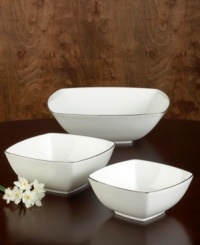 With lightweight construction in fine bone china, a softly squared design and platinum edging, Mikasa's Couture Platinum salad bowls (shown left) offer a new take on sophisticated modern dining. With lightweight construction in fine bone china, a softly squared design and platinum edging, Mikasa's Couture Platinum salad bowls (shown left) offer a new take on sophisticated modern dining.