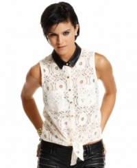 A faux-leather collar plus dainty lace create the chicest interplay of tough and sweet on this top from Material Girl. A faux-leather collar plus dainty lace create the chicest interplay of tough and sweet on this top from Material Girl.