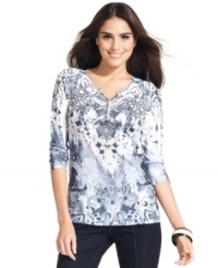 Style&co.'s petite Henley gets a major upgrade with a brilliant mix of prints and a sprinkling of shiny studs! Style&co.'s petite Henley gets a major upgrade with a brilliant mix of prints and a sprinkling of shiny studs!