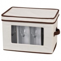 Household Essentials Flute-Style Stemware Storage Chest, Natural Canvas with Brown Trim Household Essentials Flute-Style Stemware Storage Chest, Natural Canvas with Brown Trim