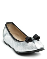 Tiny pleats and grosgrain trim give these bow-topped leather flats an extra hint of girlish charm. Tiny pleats and grosgrain trim give these bow-topped leather flats an extra hint of girlish charm.
