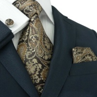 Landisun 539 Dark Brown Paisleys Mens Silk Tie Set: Tie+Hanky+Cufflinks