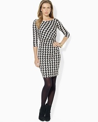 Soft gathers at the waist lend an elegant draped effect to a chic work-to-weekend dress accented with a timeless houndstooth pattern. Soft gathers at the waist lend an elegant draped effect to a chic work-to-weekend dress accented with a timeless houndstooth pattern.