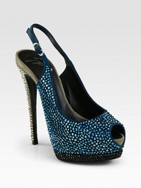 Glimmering Swarovski crystals surround this colorblocked slingback pump of soft suede. Self-covered heel, 5½ (140mm)Covered platform, ½(15mm)Compares to a 5 heel (125mm)Swarovski crystal-embellished suede upperPeep toeAdjustable slingbackLeather lining and solePadded insoleMade in Italy Glimmering Swarovski crystals surround this colorblocked slingback pump of soft suede. Self-covered heel, 5½ (140mm)Covered platform, ½(15mm)Compares to a 5 heel (125mm)Swarovski crystal-embellished suede upperPeep toeAdjustable slingbackLeather lining and solePadded insoleMade in Italy