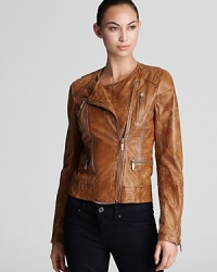 Artful distressing and moto-inspired tailoring infuse this MICHAEL Michael Kors leather jacket with rustic edge. Artful distressing and moto-inspired tailoring infuse this MICHAEL Michael Kors leather jacket with rustic edge.